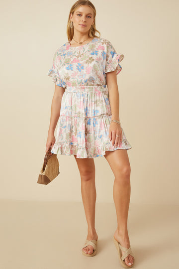 HY7588 Ivory Womens Floral Ruffle Sleeve Foiled Top Gif